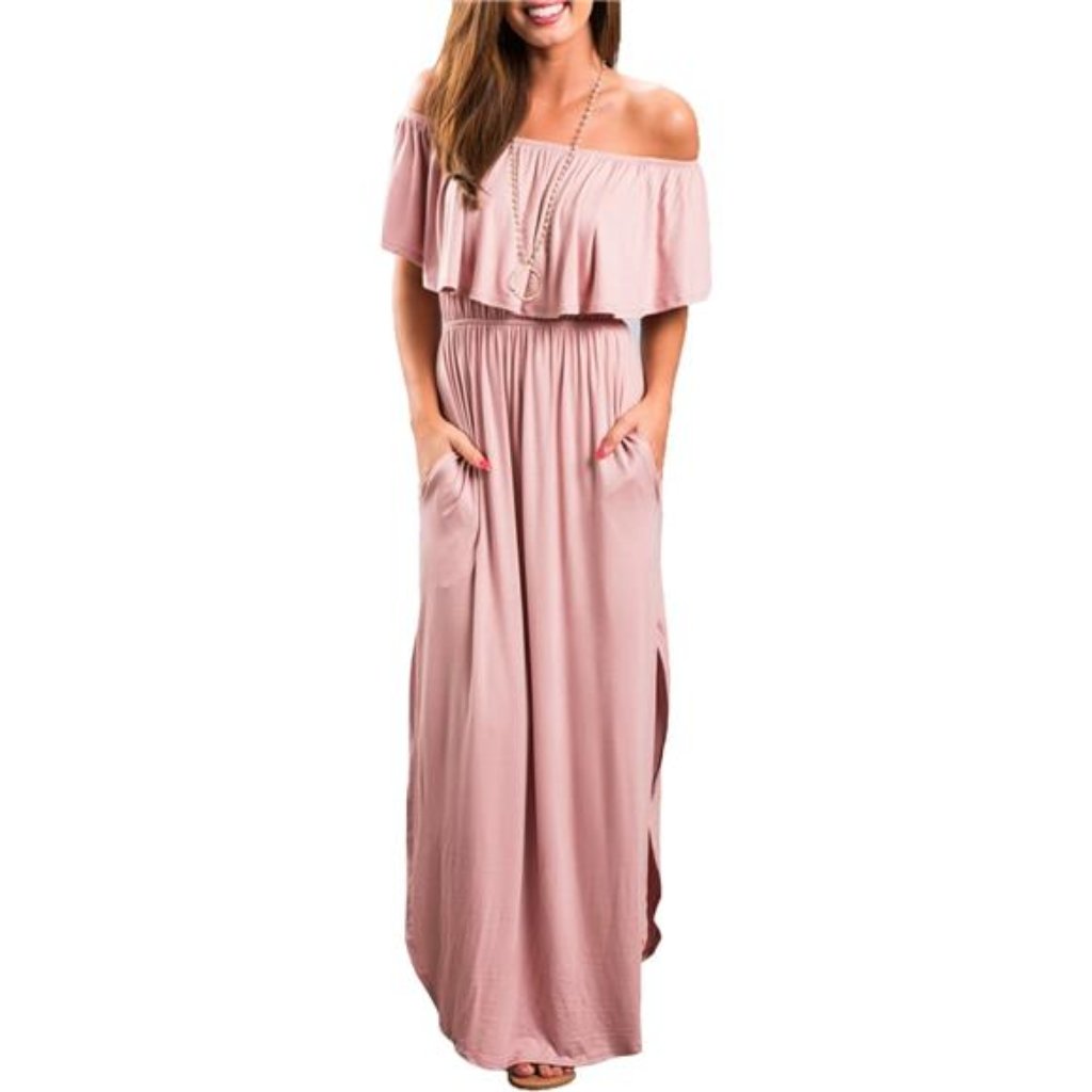 Off The Shoulder Ruffle Dress Side Split Long Maxi Dresses W/ Pockets For Women